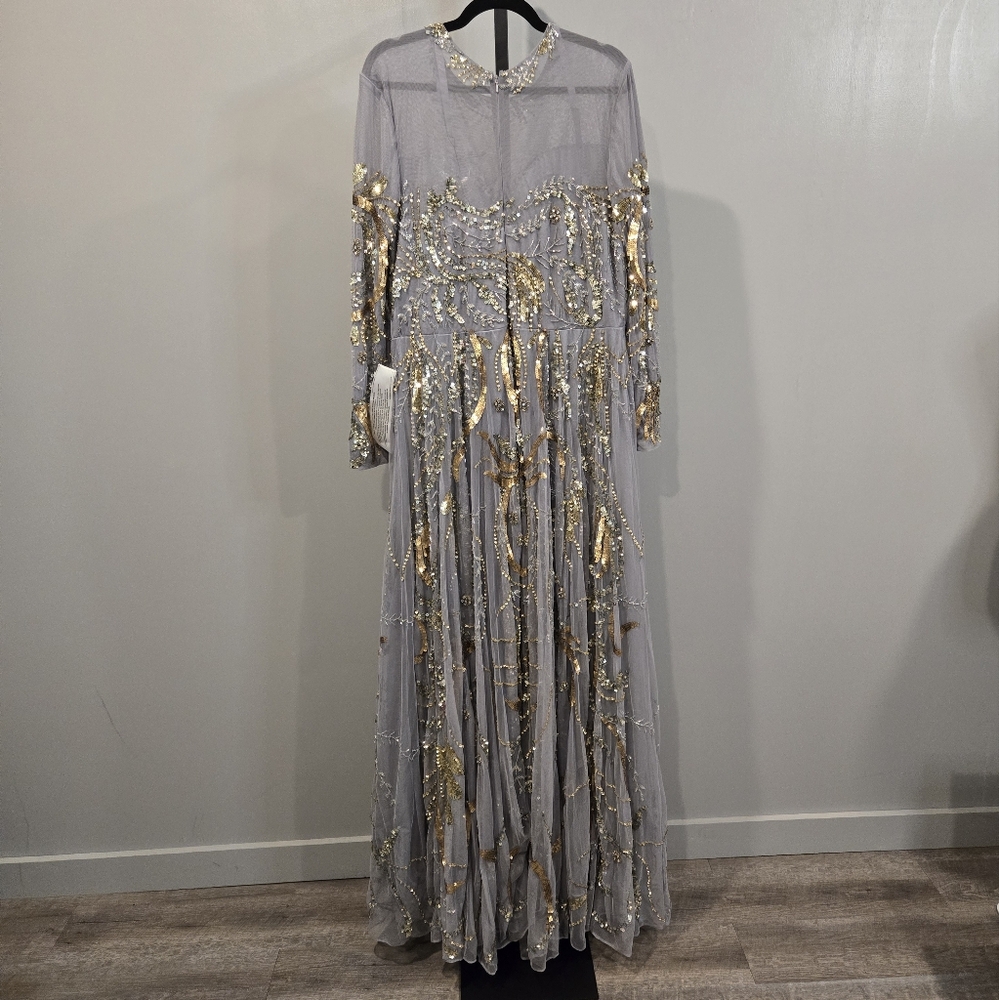 NWT Mac Duggal PLATINUM GOLD LONG SLEEVE EMBELLISHED ILLUSION GOWN… - Picture 8 of 12